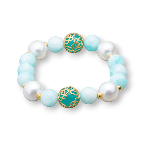 Elastic Bracelet With Semi-precious Stones And Majorcan Pearls With Bronze Cups And Washers 10-12mm Aqua Green