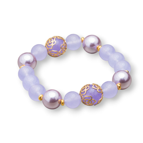 Elastic Bracelet With Semi-precious Stones And Majorcan Pearls With Bronze Cups And Washers 10-12mm Purple