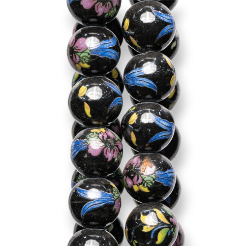 Black Ceramic With Floral Print Smooth Round 16mm MOD3