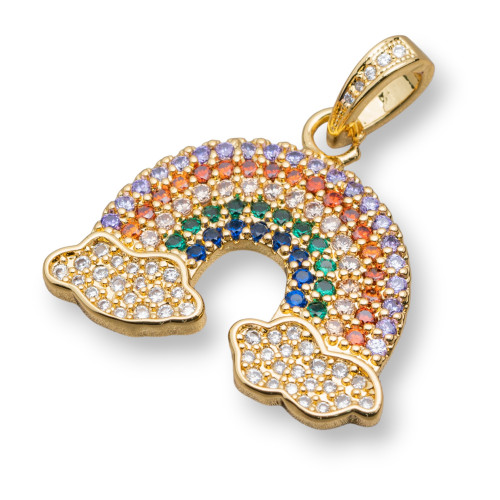 Pendentif en Bronze avec Pavé de Zircons Multicolores Arc-en-Ciel avec Nuages 26x29mm 5pcs