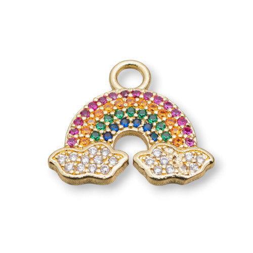 Bronze Pendant Component With Multicolor Zircons Pavé Rainbow With Clouds 17x19mm 10pcs Golden