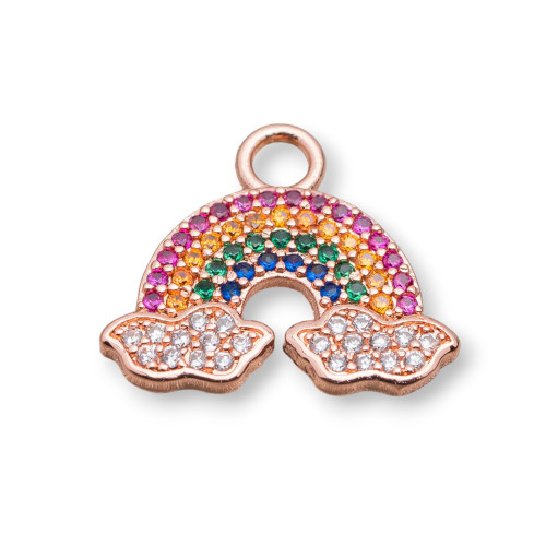 Componente Pendente Di Bronzo Con Zirconi Multicolor Pavè Arcobaleno Con Nuvole 17x19mm 10pz Oro Rosa