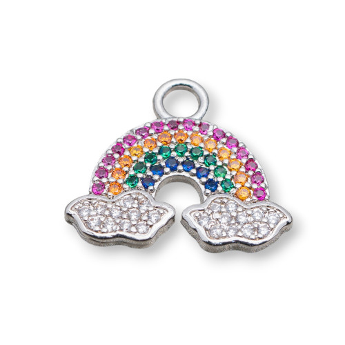 Bronze Pendant Component With Multicolor Zircons Pavé Rainbow With Clouds 17x19mm 10pcs Rhodium Plated