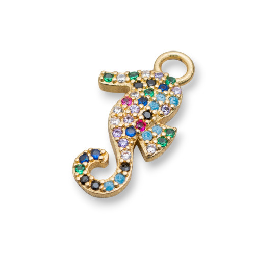 Composant Pendentif en Bronze Avec Pavé de Zircons Multicolores Hippocampe Avec Un Anneau 12x22mm 8pcs Doré