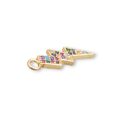 Bronze Pendant Component With Multicolor Zircons Pavè Lightning With A Ring 08x26mm 15pcs Golden