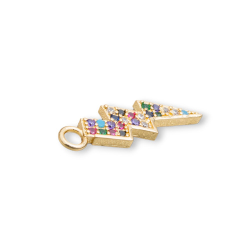 Componente Pendente Di Bronzo Con Zirconi Multicolor Pavè Fulmine Con Un Anellino 08x26mm 15pz Dorato