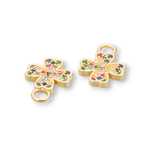 Bronze Pendant Component With Multicolor Zircons Pavè Four-Leaf Clover With A Ring 12x16mm 8pcs Golden