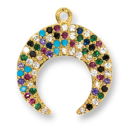 Bronze Pendant Component With Multicolor Pavé Zircons Moon Slice With A Ring 16x18mm 10pcs