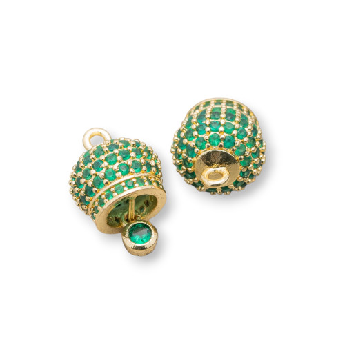 Bronze Pendant Component Bells Calling Angels With Multicolor Pavé Zircons 10mm 6pcs Golden Emerald Green