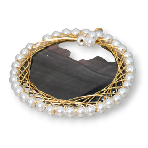 Messing-Anhängerkomponente mit Perlmutt mit ineinander verschlungenen Perlen, 36 mm, 2 Stück, golden