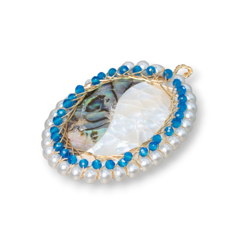 Brass Pendant Component With Mother of Pearl Mosaic With Beads And Zircons Oval 28x42mm Blue