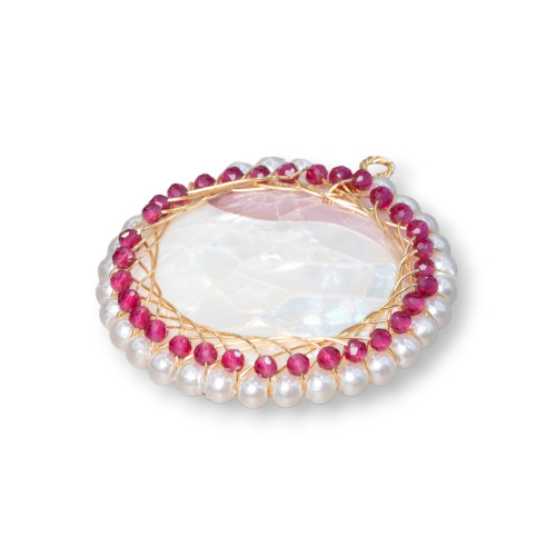 Composant pendentif en laiton avec mosaïque de nacre avec perles et zircons ronds 32 mm