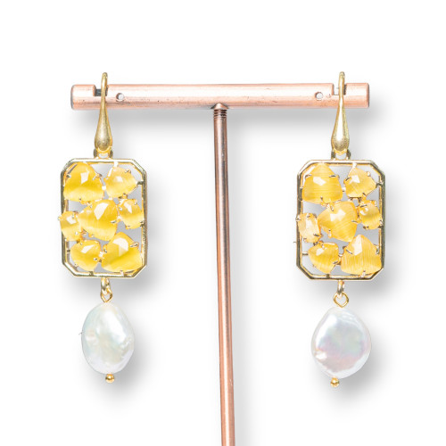 925 Silver Hook Earrings With Central Bronze Rectangle With Cat's Eyes And Freshwater Pearls 18x65mm Yellow