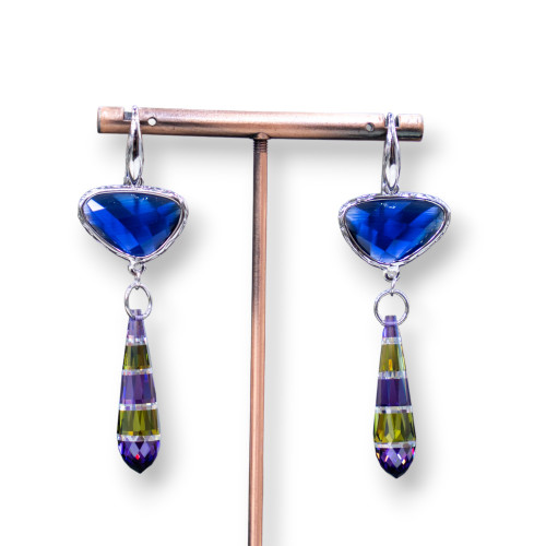 925 Silver Hook Earrings With Bronze Component With Cat's Eyes And Teardrop Zircons 20x64mm Blue