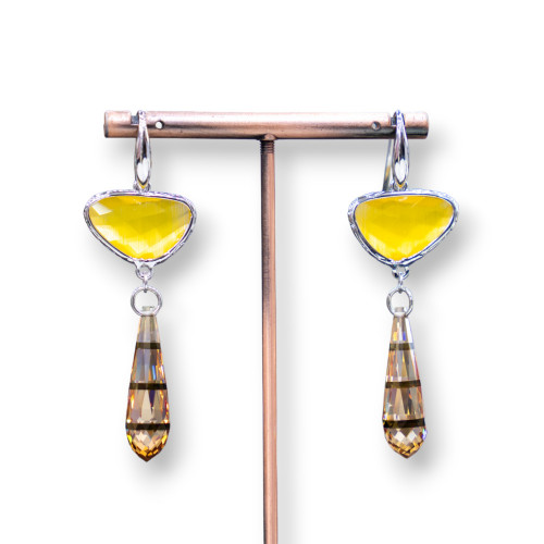 925 Silver Hook Earrings With Bronze Component With Cat's Eyes And Teardrop Zircons 20x64mm Yellow