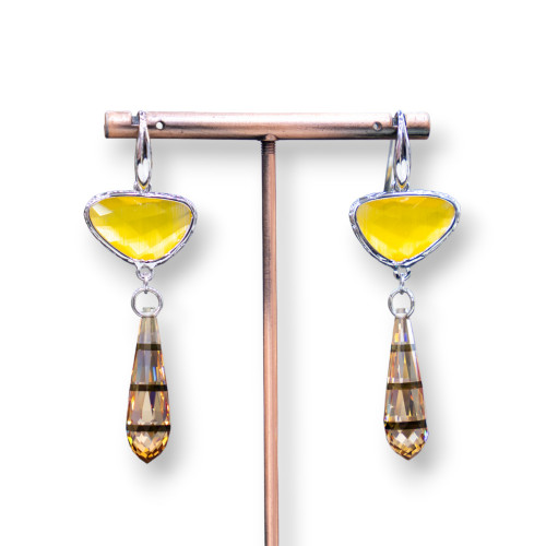 Orecchini A Monachella Di Argento 925 Con Componente Di Bronzo Con Occhi Di Gatto E Zirconi A Goccia 20x64mm Giallo