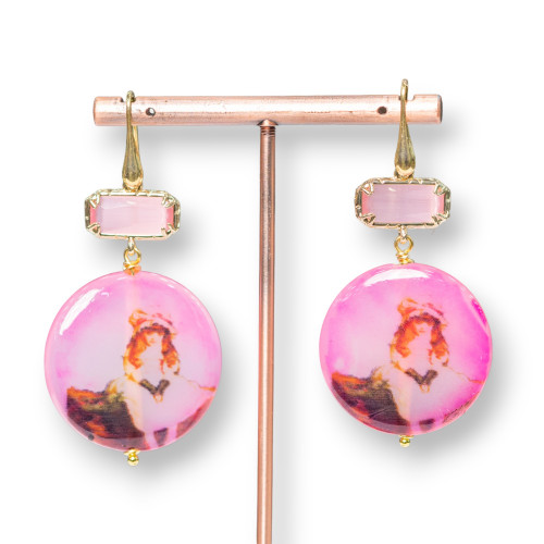 Boucles d'Oreilles Dormeuses en Argent 925 avec Oeil de Chat Bordé et Agate Pantographée 30x60mm Fuchsia