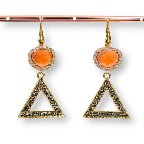 925 Silver Earrings With Cat's Eye And Bronze With Marcasite Rhinestones 28x60mm Orange