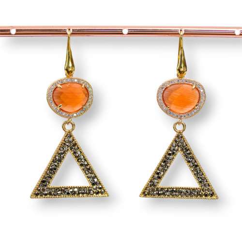 Orecchini A Monachella Di Argento 925 Con Occhio Di Gatto E Bronzo Con Marcasite Strass 28x60mm Arancio