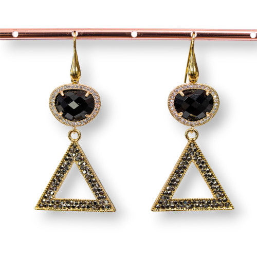 925 Silver Earrings With Cat's Eye And Bronze With Marcasite Rhinestones 28x60mm Black