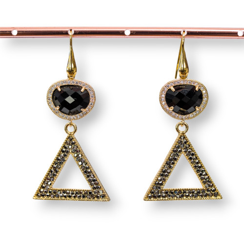 Orecchini A Monachella Di Argento 925 Con Occhio Di Gatto E Bronzo Con Marcasite Strass 28x60mm Nero