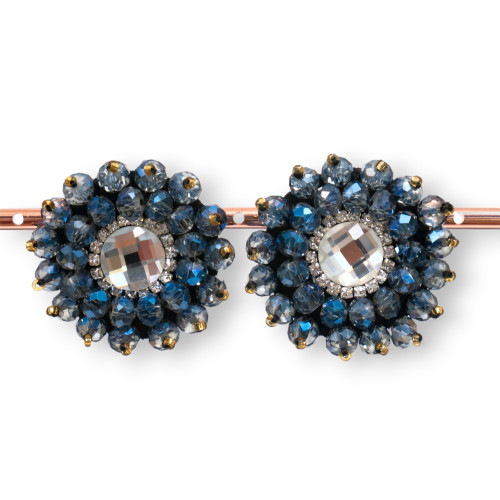 Bijouterie Clip Earrings With Faceted Crystals With Central Cabochon 36mm Blue AB