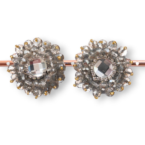 Bijouterie Clip Earrings With Faceted Crystals With Central Cabochon 36mm Smoke