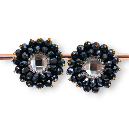 Bijouterie Clip Earrings With Faceted Crystals With Central Cabochon 36mm Jet