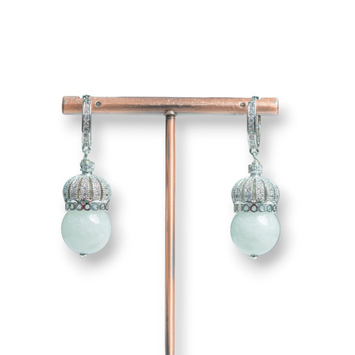 Closed Brass Earrings With Brass Crown And Semi-precious Stones 14x42mm Rhodium-Plated Aquamarine