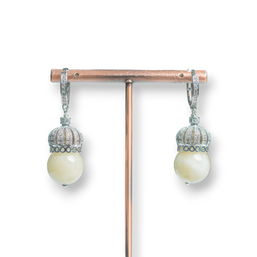 Closed Brass Earrings with Brass Crown and Semi-precious Stones 14x42mm White Rhodium Plated