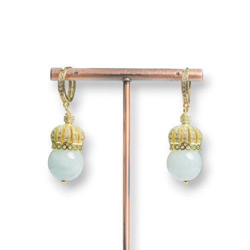 Closed Brass Earrings With Brass Crown And Semi-precious Stones 14x42mm Golden Aquamarine