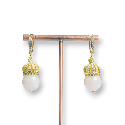 Closed Brass Earrings with Brass Crown and Semi-precious Stones 14x42mm Rose Gold