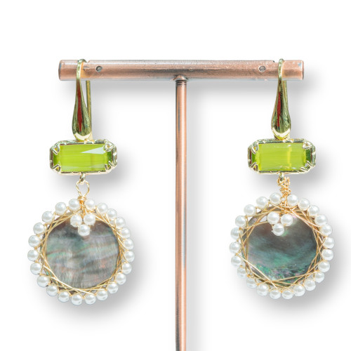 925 Silver Hook Earrings With Cat's Eyes And Mother of Pearl 26x58mm Acid Green