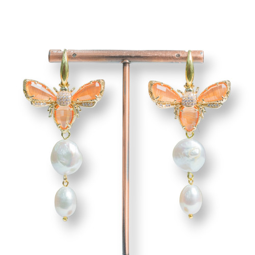 925 Silver Earrings With Cat's Eye Bees And River Pearls 31x65mm Orange