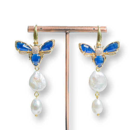 925 Silver Earrings With Cat's Eye Bees And River Pearls 31x65mm Blue