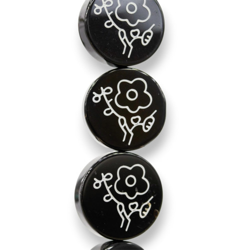 Onyx Laser Engraved Round Flat Smooth Flowers 12mm