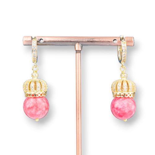 Closed Brass Earrings with Brass Crown and Semi-precious Stones 14x42mm Ruby Gold