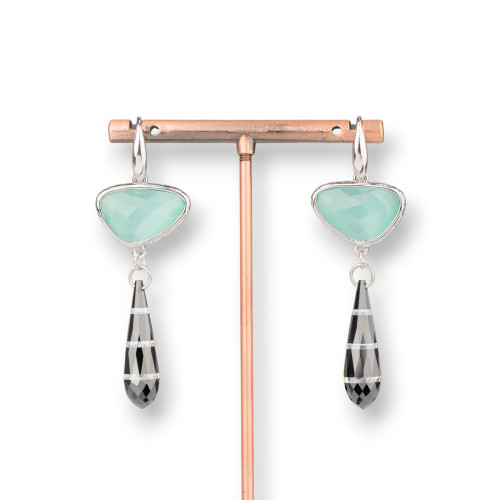 925 Silver Hook Earrings With Bronze Component With Cat's Eyes And Teardrop Zircons 20x64mm Light Blue