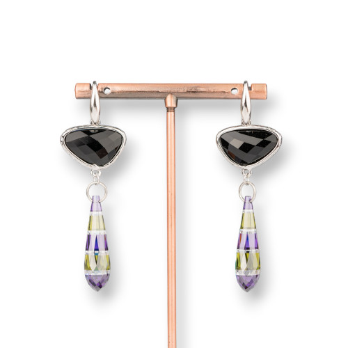 925 Silver Hook Earrings With Bronze Component With Cat's Eyes And Teardrop Zircons 20x64mm Black