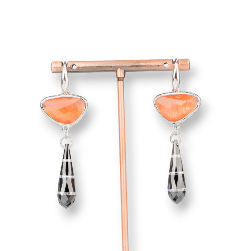 925 Silver Hook Earrings With Bronze Component With Cat's Eyes And Teardrop Zircons 20x64mm Orange