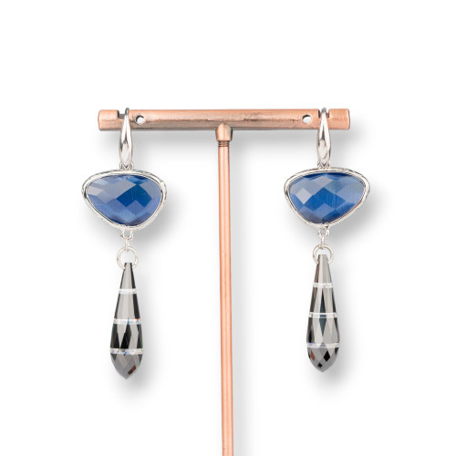 925 Silver Hook Earrings With Bronze Component With Cat's Eyes And Teardrop Zircons 20x64mm Blue