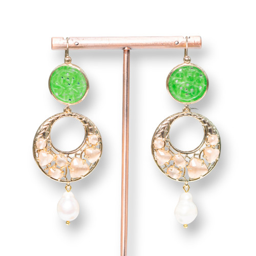 Bronze Lever Earrings with Burmese Jade and Cat's Eye Set and River Pearls 28x75mm Peach Green