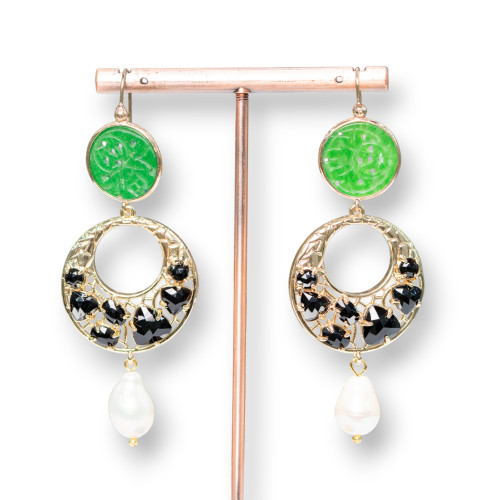 Bronze Lever Earrings With Burma Jade And Cat's Eye Set And River Pearls 28x75mm Green Black
