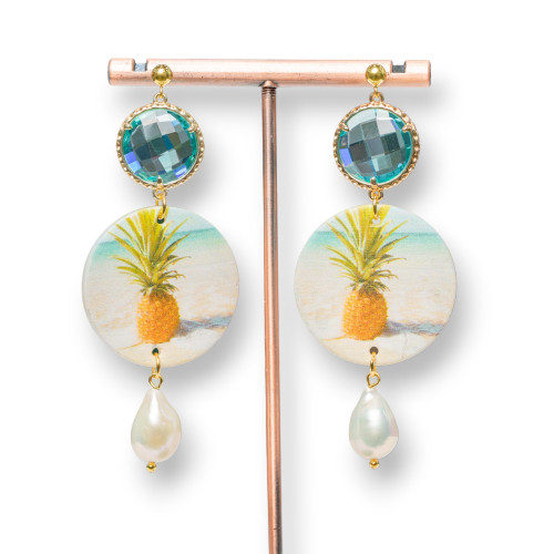 925 Silver Stud Earrings With Printed Mother-of-Pearl Center And Drops Of Semi-precious Stones 30x77mm MOD8