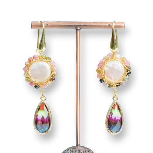 Pendientes de gancho de plata 925 con perlas de río trabajadas y gotas de cristal, juego de 22x66 mm, multicolor