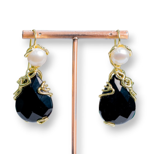 Bronze Hook Earrings With River Pearls And Faceted Cabochon Pendant 22x48mm