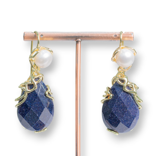 Boucles D'oreilles Crochet En Bronze Avec Perles De Rivière Et Pendentif Cabochon Facetté 22x48mm Pierre De Sable Bleu