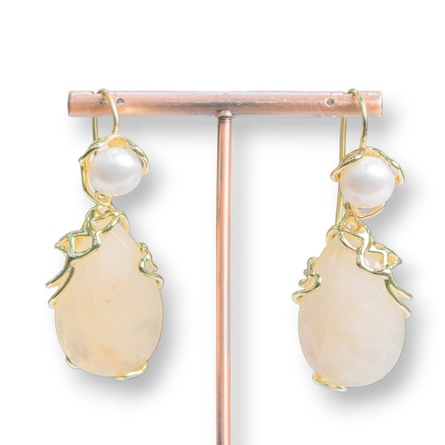 Bronze Hook Earrings With River Pearls And Faceted Cabochon Pendant 22x48mm Calcite