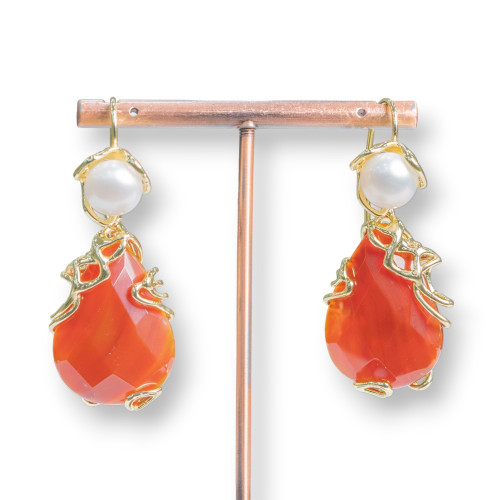 Bronze Lever Earrings With River Pearls And Faceted Cabochon Pendant 22x48mm Carnelian