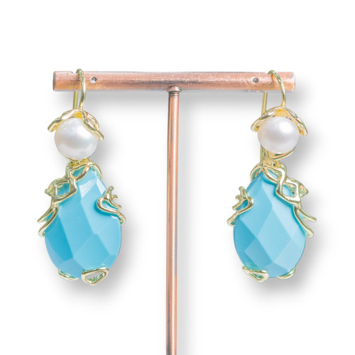 Bronze Lever Earrings With River Pearls And Faceted Cabochon Pendant 22x48mm Turquoise Paste